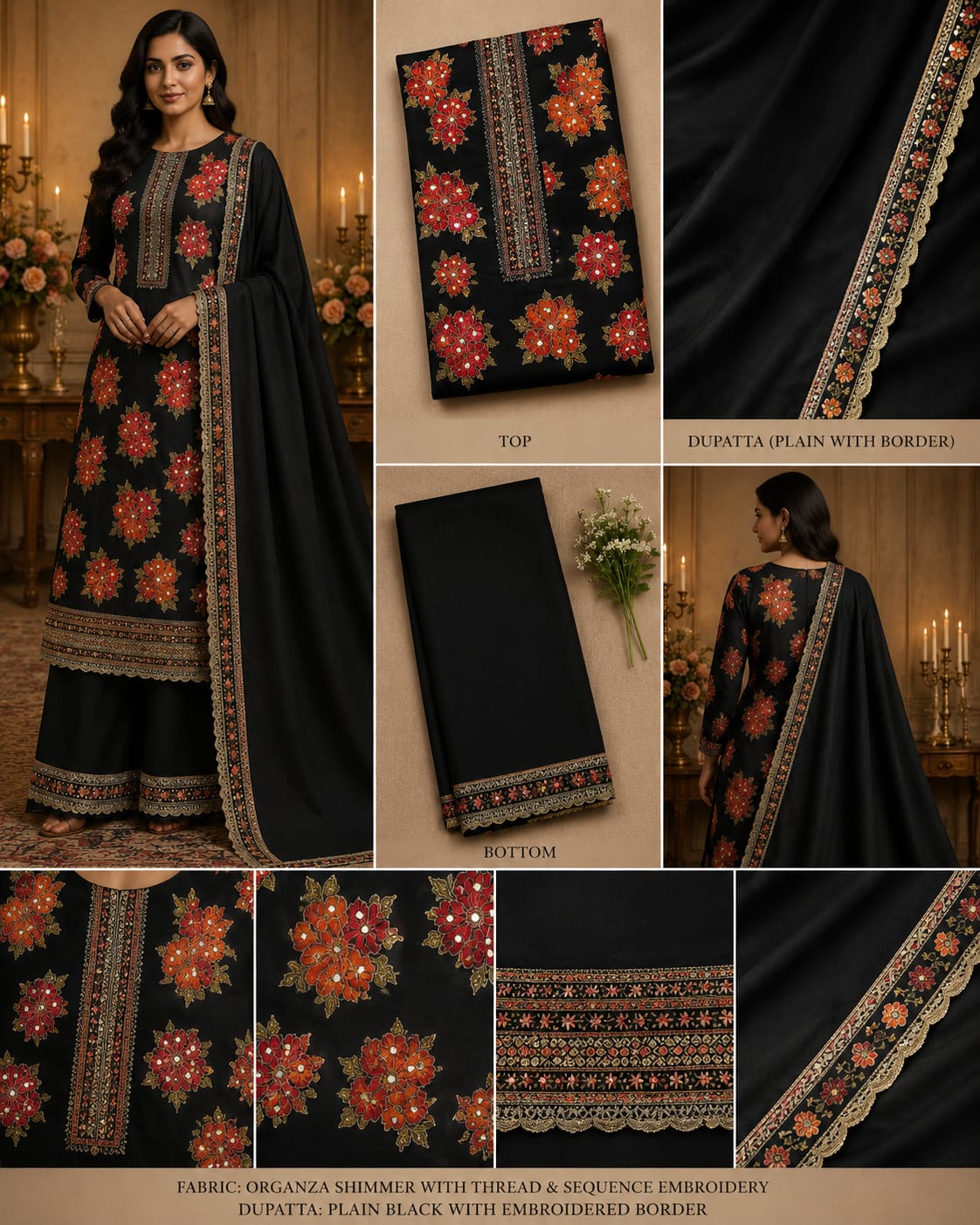 Gulbahar Noir – Black & Ruby Floral Suit Set