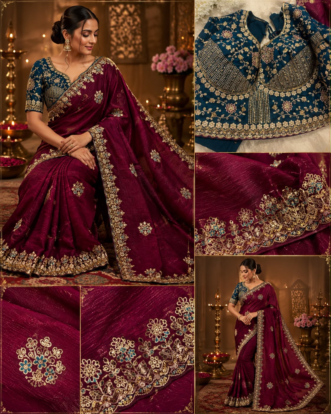 Suhana – Wine & Teal Embroidered Saree